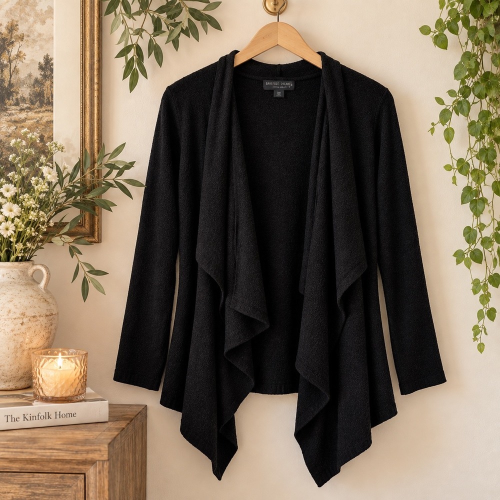 Barefoot Dreams CozyChic Lite Circle Cardigan Black Draped Open Front 903 L/XL